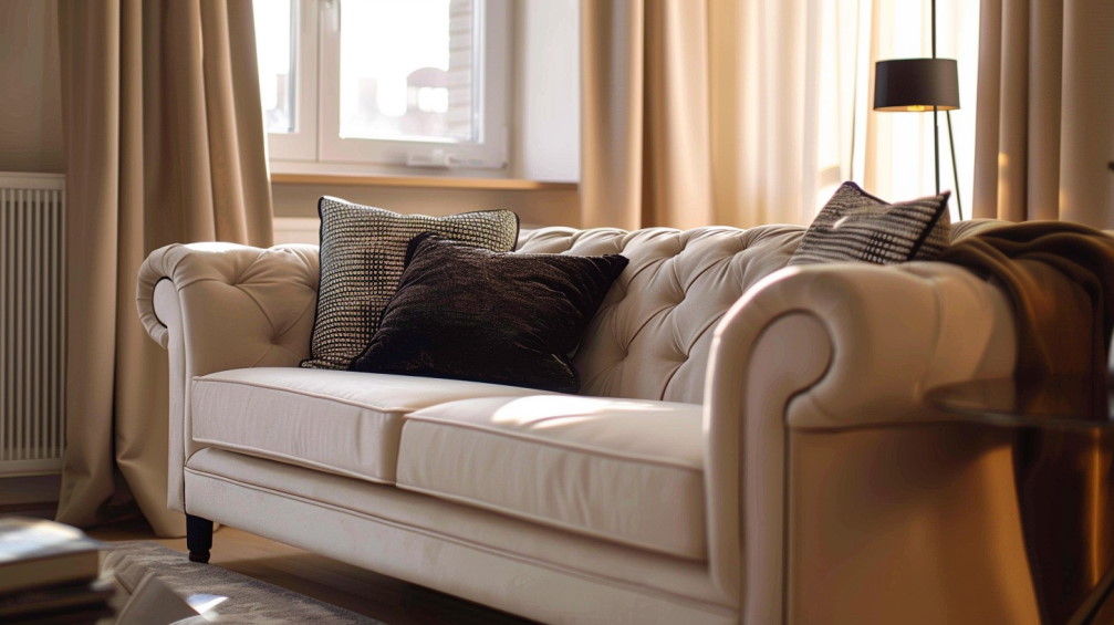 Диван бежевого кольору стоїть у вітальній