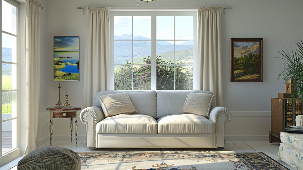 Світлий диван стоїть у вітальній. На фоні вікно і природа за вікном