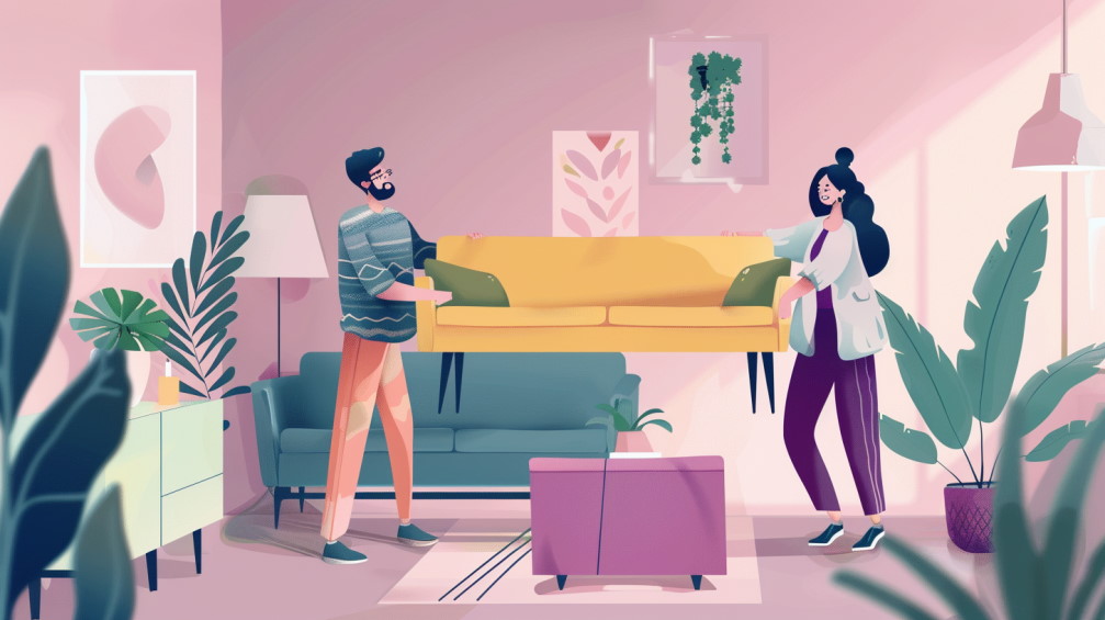 Двоє людей несуть диван по квартирі. Ілюстрація