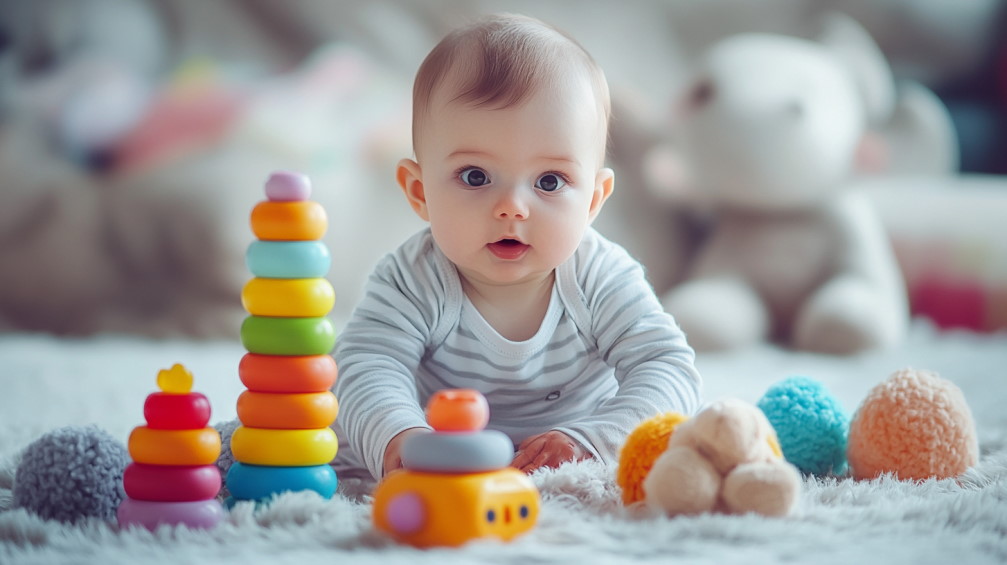 Немовля лежить перед своїми іграшками
