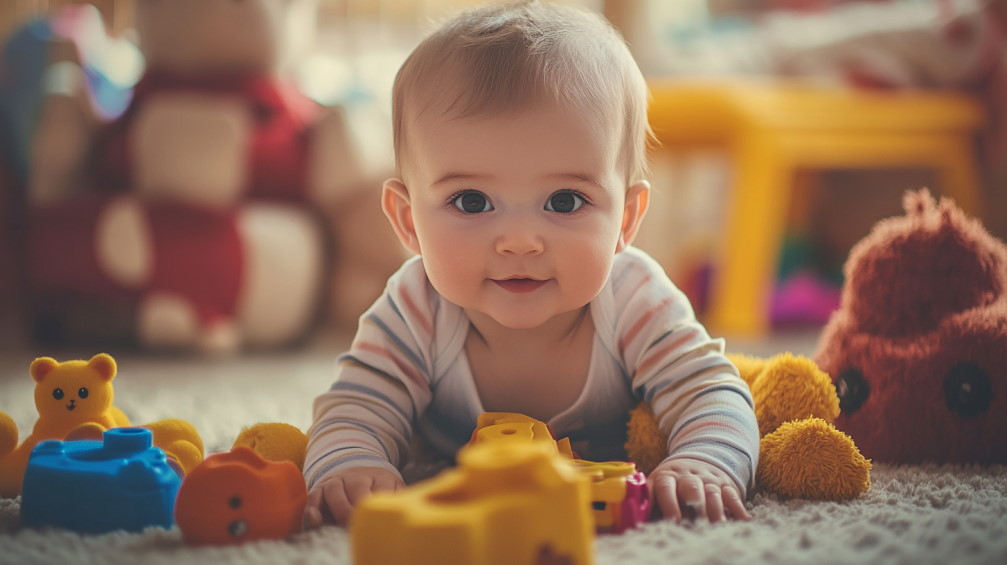 Дитина лежить на своїх іграшках