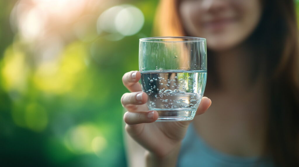 Жінка тримає склянку з питною водою і показує її нам
