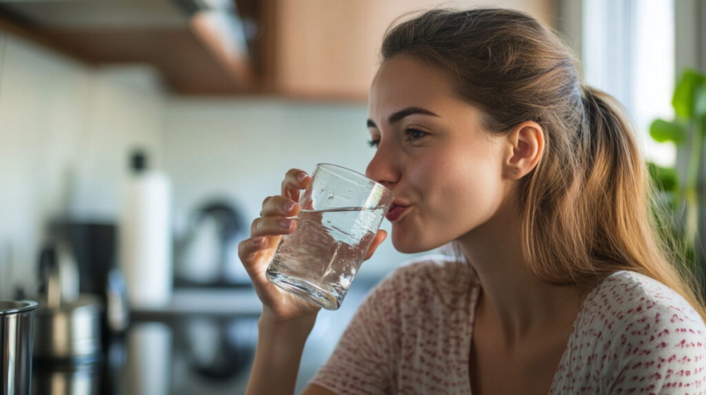 Жінка з задоволеним обличчям п'є чисту воду на кухні