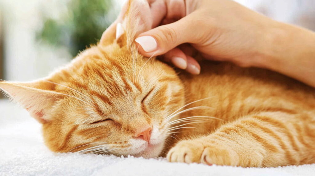 Людська рука гладить рудого кота