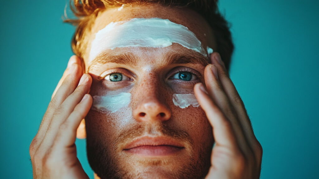 Чоловік наносить крем собі на обличчя