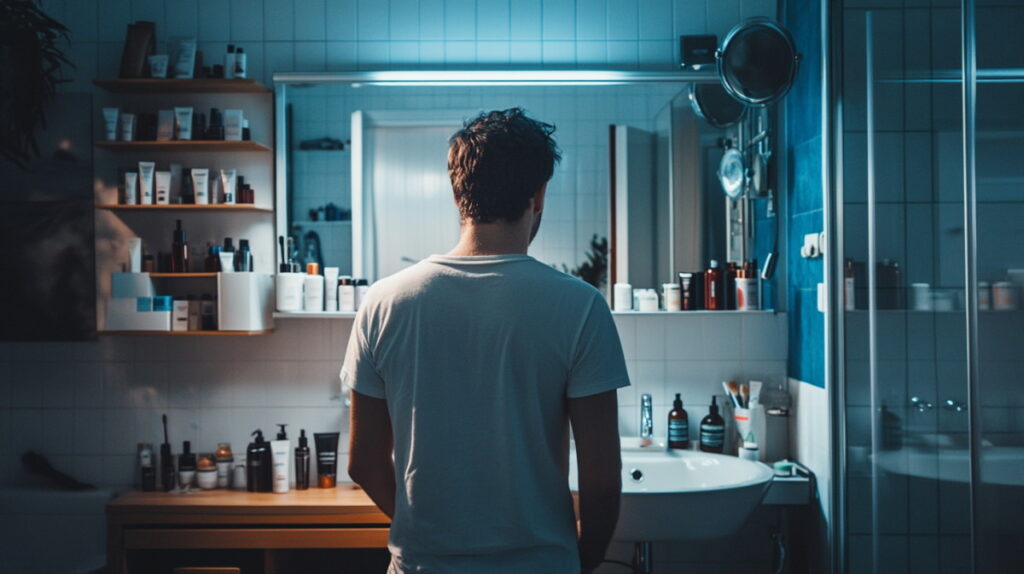 Чоловік вибирає косметику у власній ванній