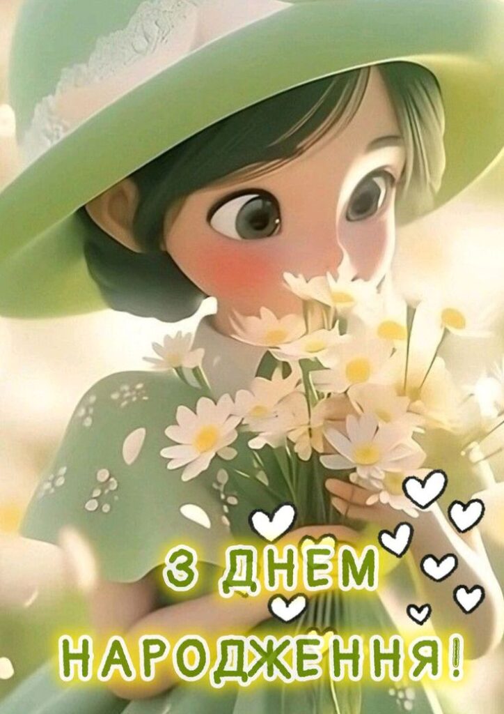 Картинка з днем народження! Квіти ромашки і мила дівчинка.