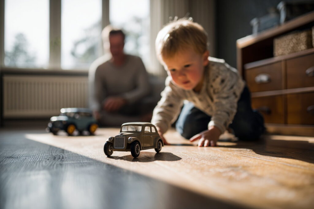 Тато і син граються іграшковими модельками автомобілів