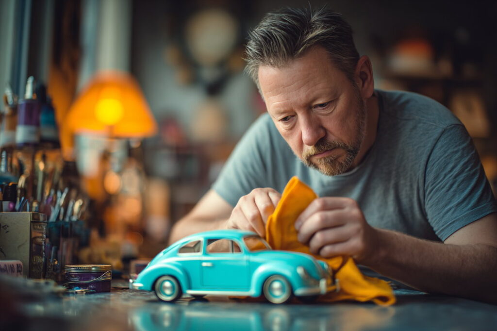 Чоловік доглядає за іграшковою моделькою автомобіля