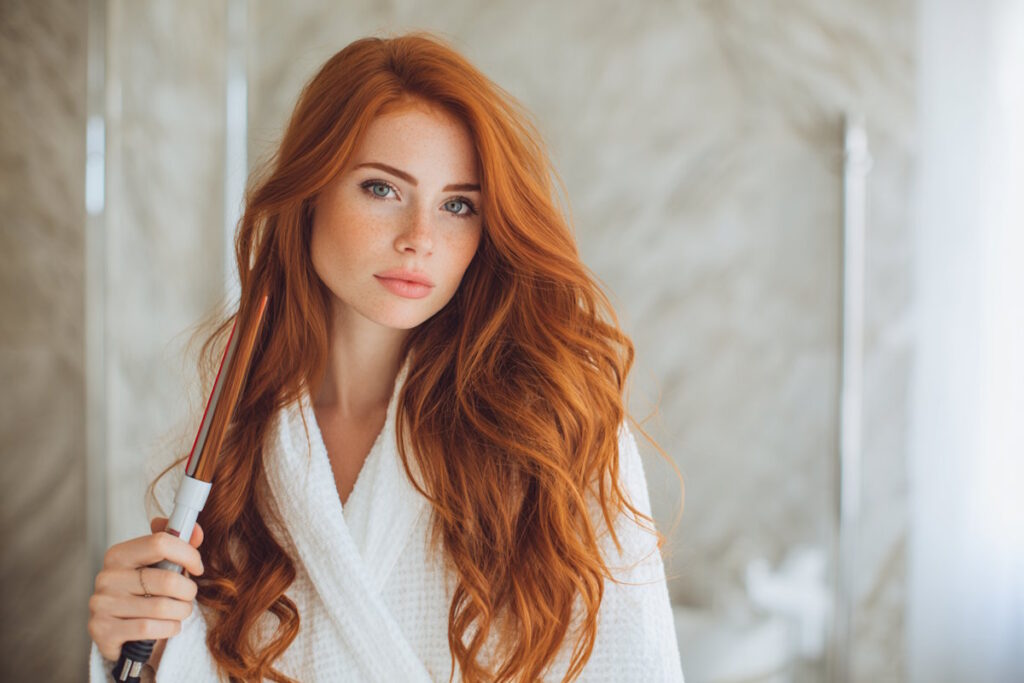 Дівчина з довгим рудим волоссям тримає праску для волосся, одягнена в білий халат на світлому фоні