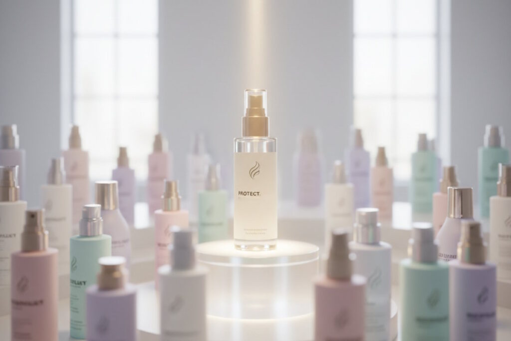 Термозахисний спрей для волосся у центрі на підсвітці серед інших засобів