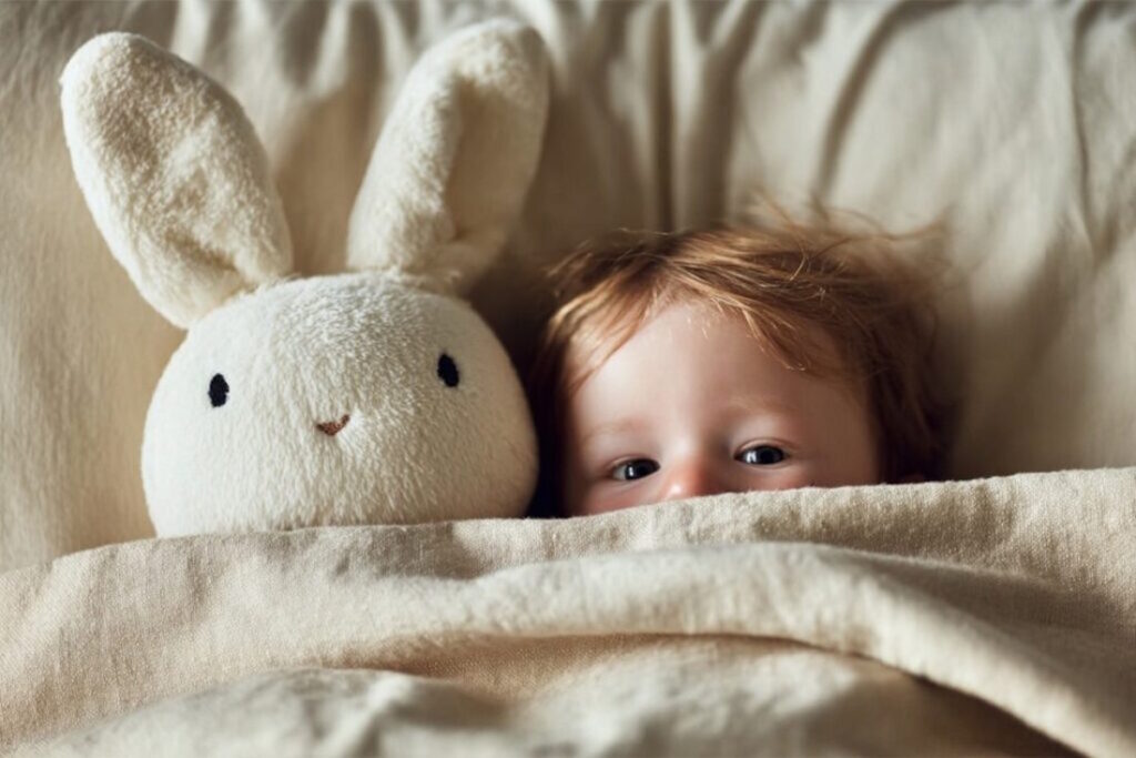 Біле плюшеве зайченя з немовлятком