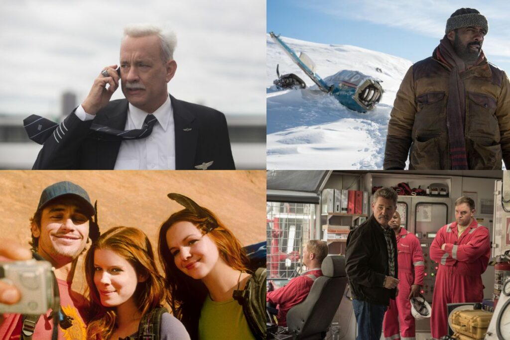 Кадри з різних фільмів – пілот розмовляє по телефону, чоловік на снігу біля літака, селфі молодих людей та сцена в кімнаті