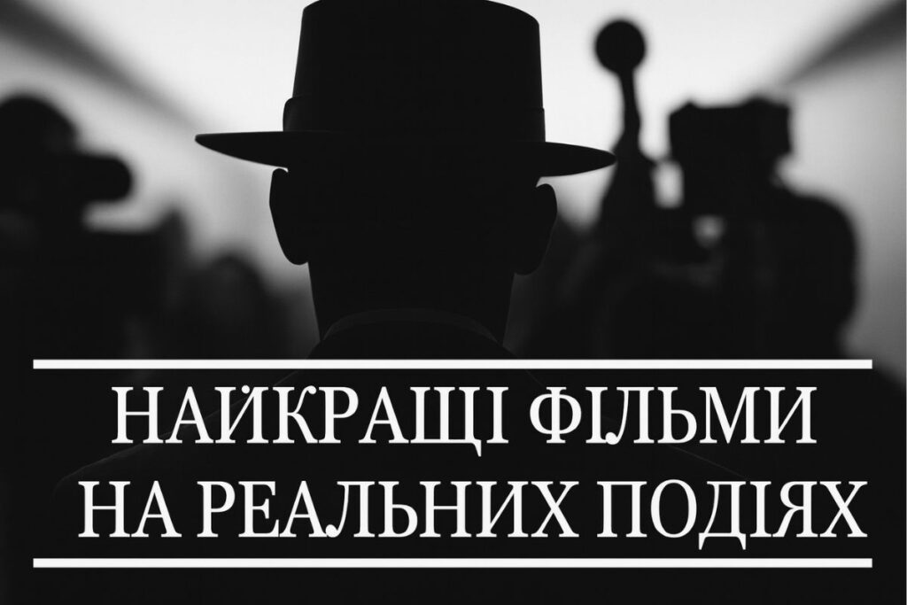 Напис Найкращі фільми на реальних подіях на чорному фоні з силуетом чоловіка в капелюсі