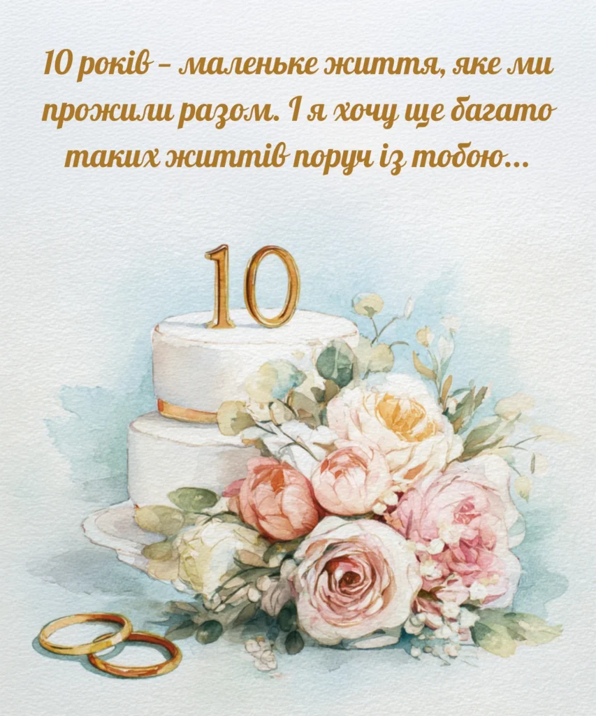 Торт із цифрою 10 на верхівці, букет та дві обручки