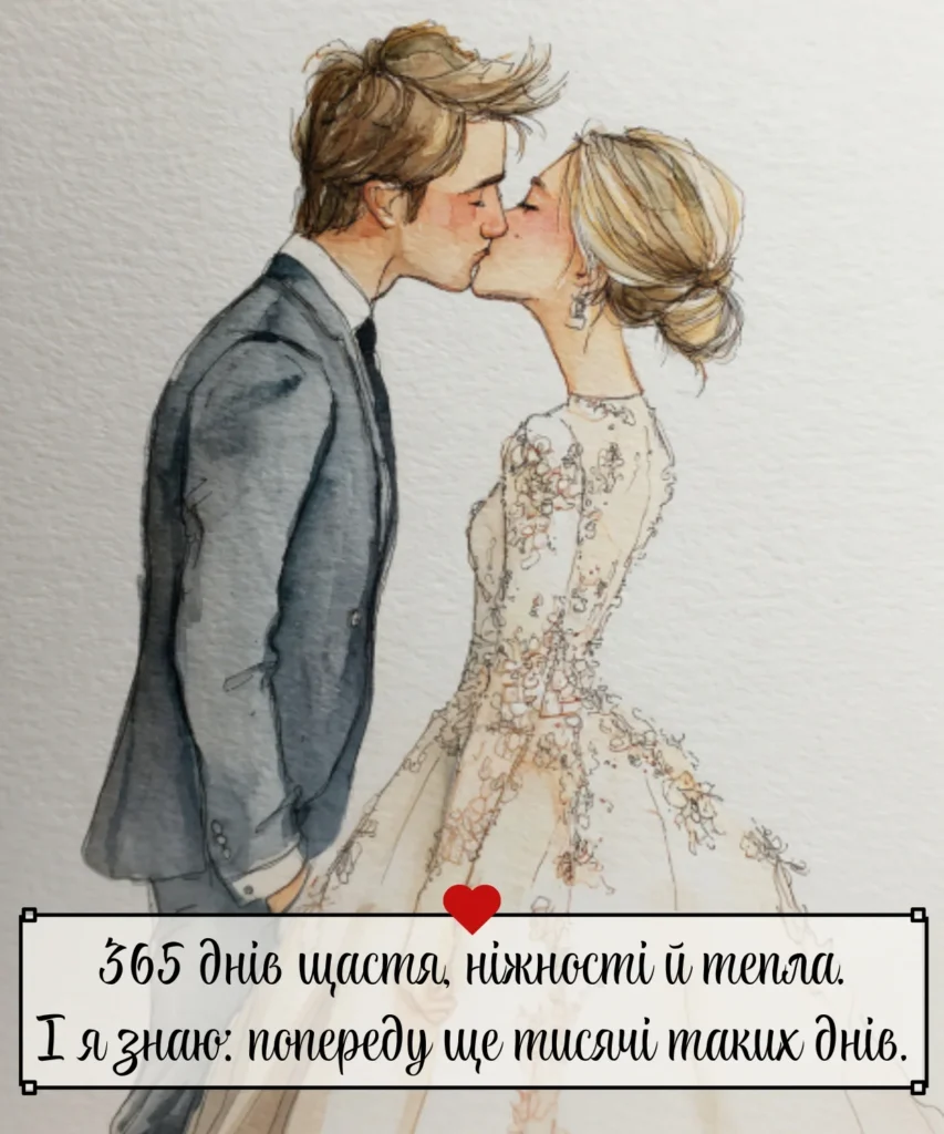 Акварельний малюнок молодят, які цілуються