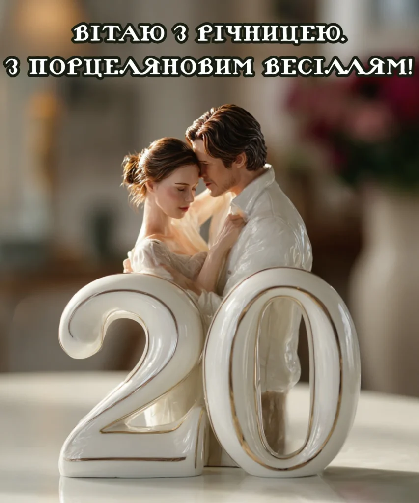 Порцелянова фігурка чоловіка та жінки з цифрою 20 на передньому плані