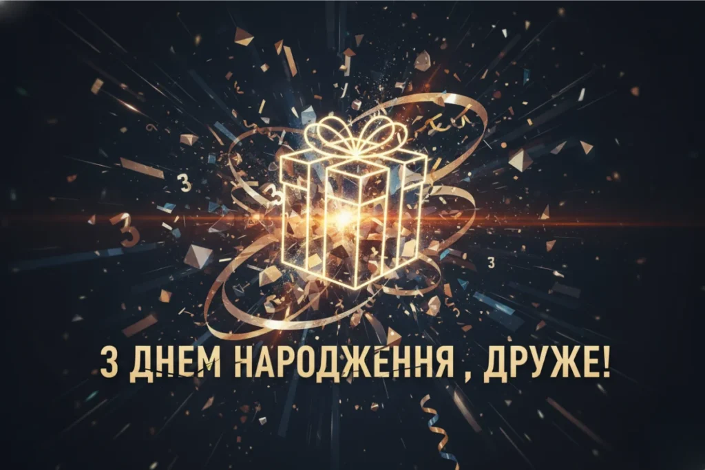 Листівка з яскравим подарунком у золотому сяйві на темному фоні