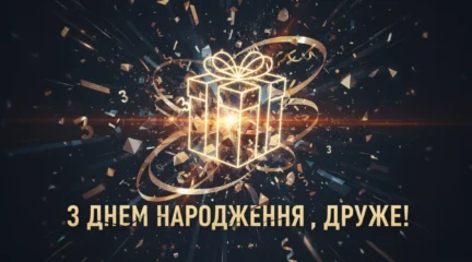 Листівка з яскравим подарунком у золотому сяйві на темному фоні