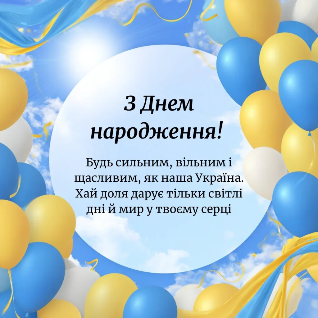 Святкова листівка з синьо-жовтими кульками та патріотичним привітанням