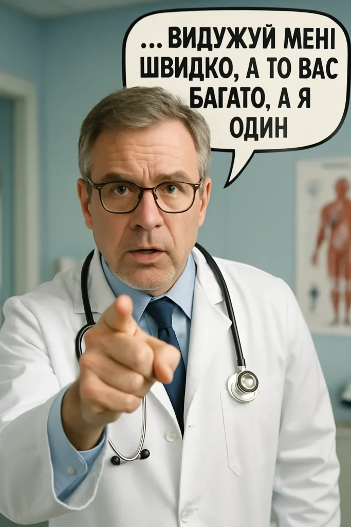 Чоловік-лікар у білому халаті та окулярах каже видужувати швидко