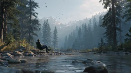 Інтроверт сидить на туристичному стільчику посеред спокійної гірської річки