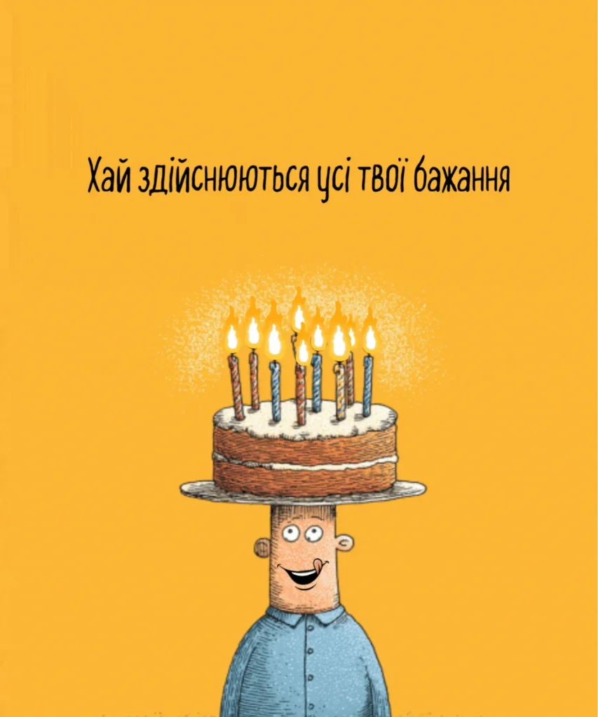 Кумедна анімована листівка з чоловіком, що тримає торт на голові