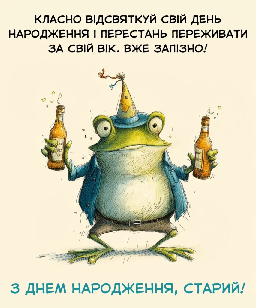 Жартівлива листівка з жабою у святковому капелюсі та пивом