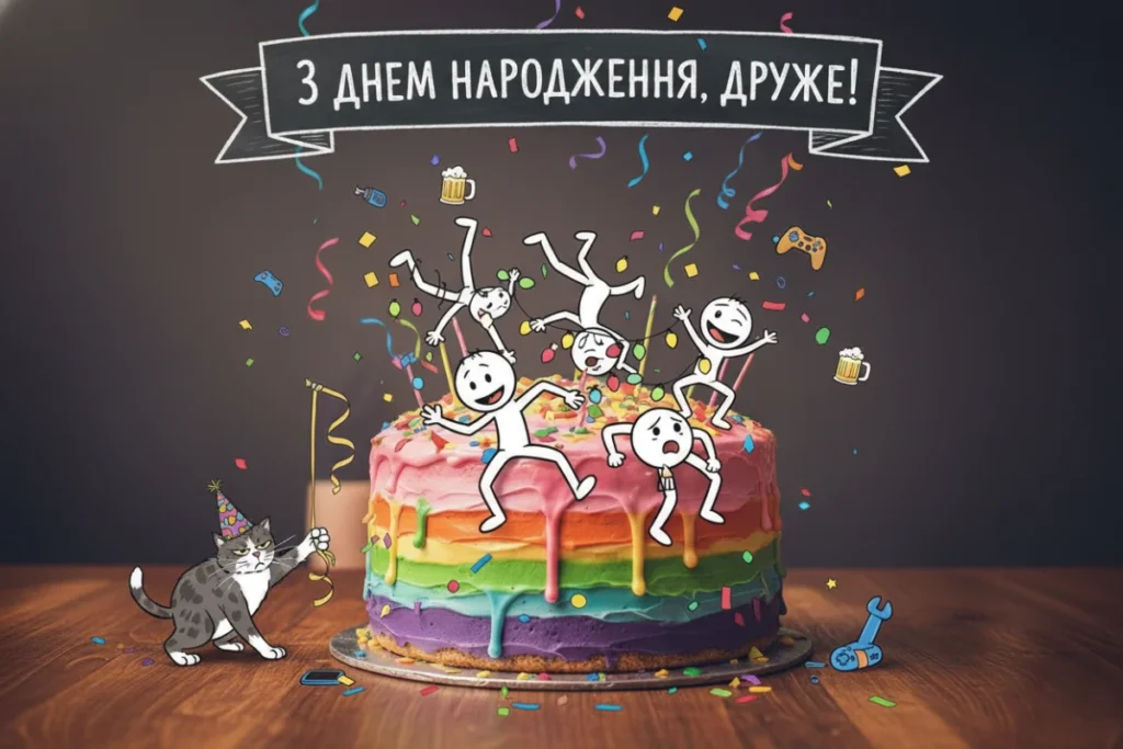 Велеса листівка з райдужним тортом із кумедними чоловічками