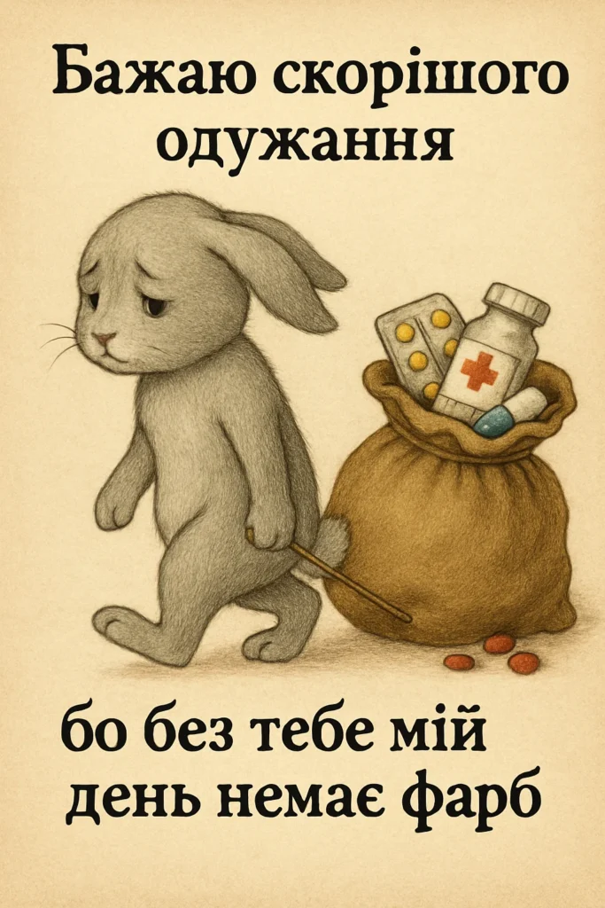 Сірий зайчик тягне за собою великий мішок з ліками