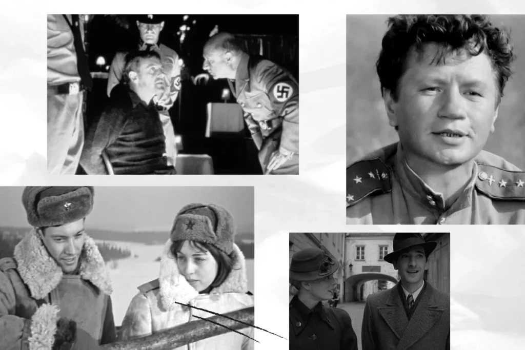 Колаж чорно-білих кадрів з класичних воєнних фільмів