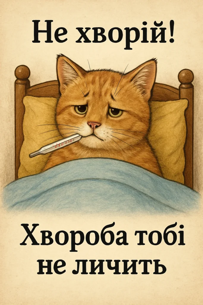 Рудий кіт у ліжку міряє температуру