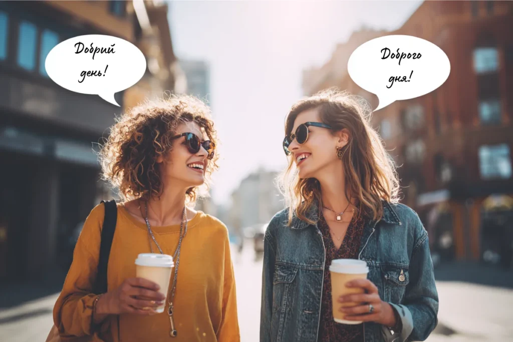 Дві молоді жінки усміхаються одна одній, тримаючи каву на вулиці в сонячну погоду