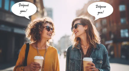 Дві молоді жінки усміхаються одна одній, тримаючи каву на вулиці в сонячну погоду