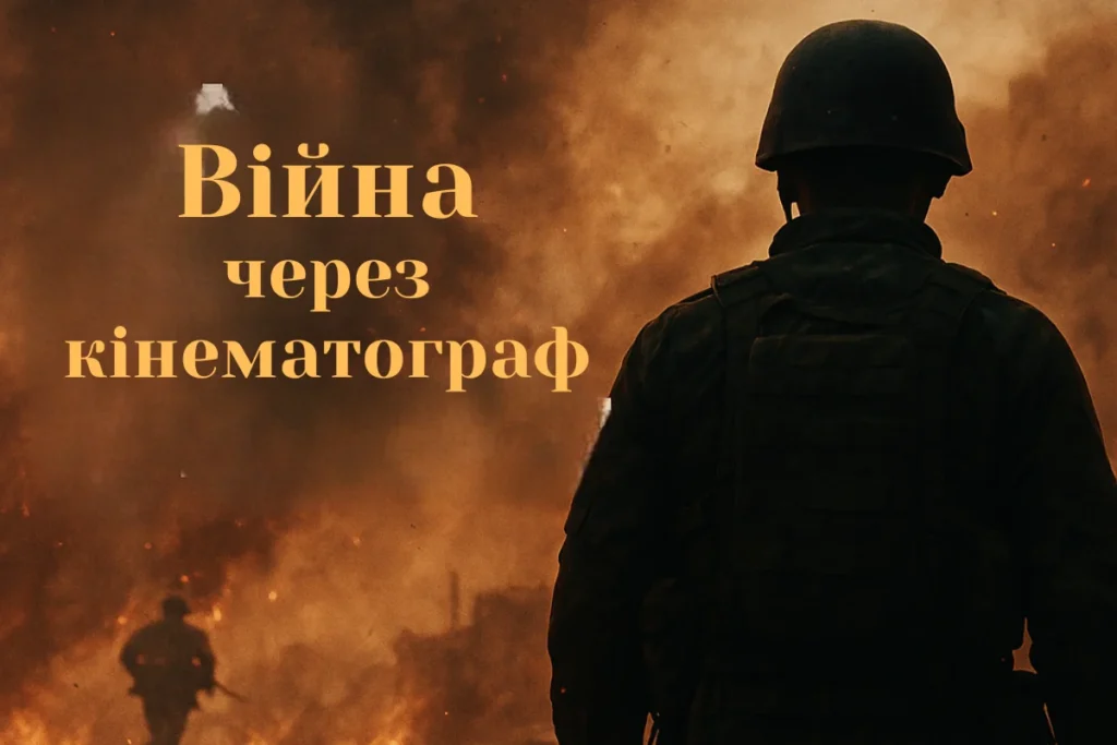 Постер про війну в кіно із силуетом солдата на тлі вибухів