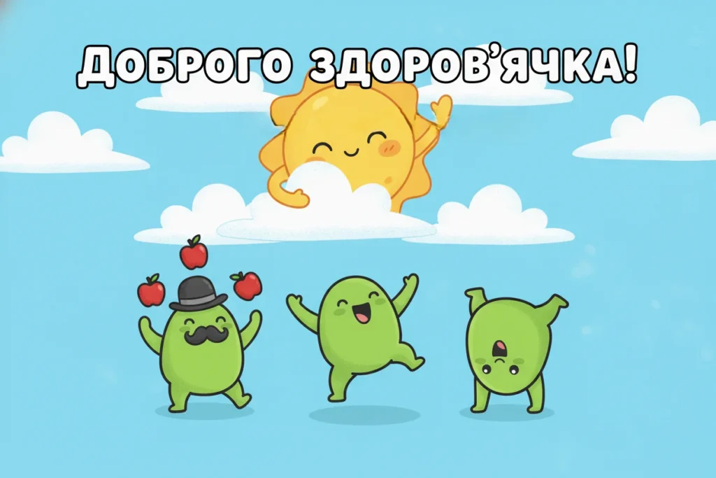 Малюнок із веселим сонечком у хмарах та трьома зеленими персонажами