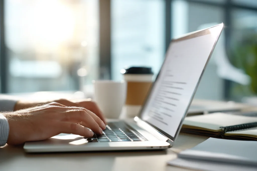 Чоловік працює за ноутбуком у світлому офісі