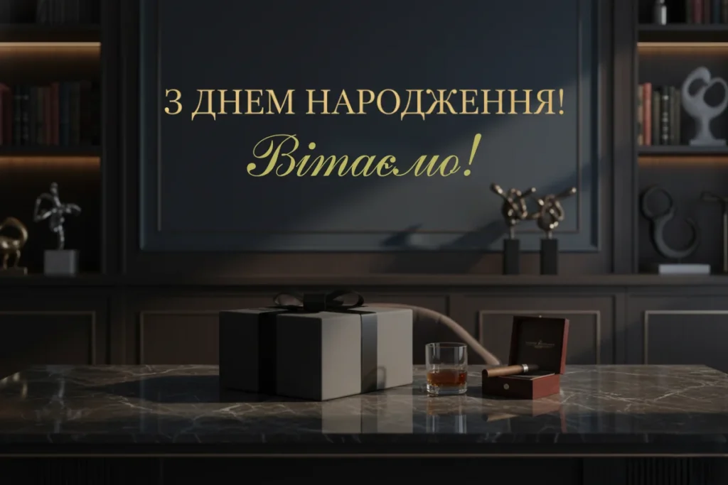Стильна вітальна листівка з написом “З Днем народження! Вітаємо!”