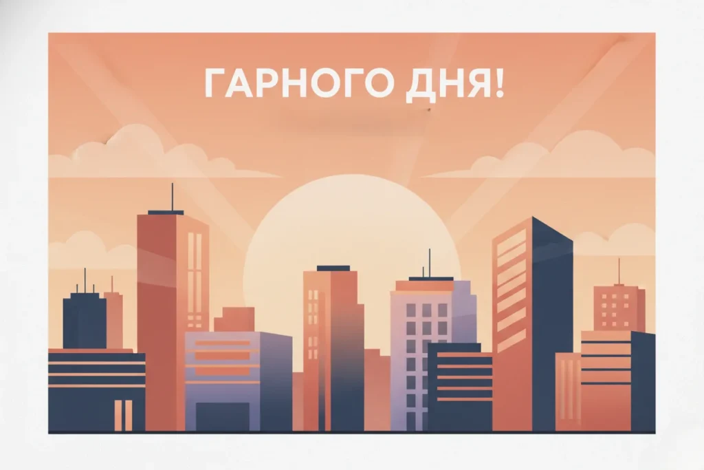 Ілюстрація міста на світанку або заході сонця з підписом Гарного дня! на тлі помаранчевого неба