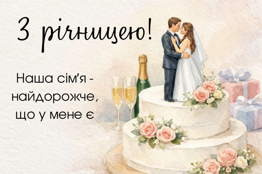 Акварельна листівка із фігуркою молодят на торті, шампанським та подарунками