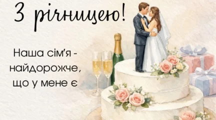 Акварельна листівка із фігуркою молодят на торті, шампанським та подарунками