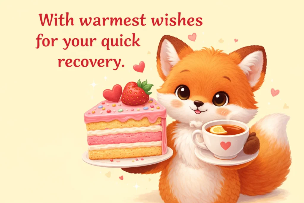 Мила лисичка з тортиком та чаєм бажає швидкого одужання англійською