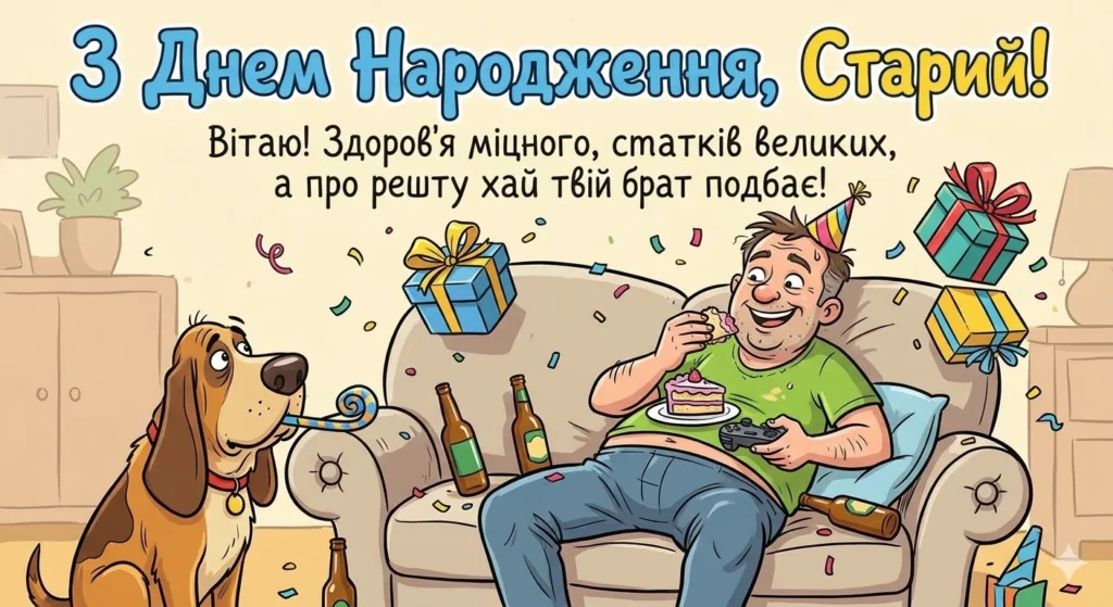 Листівка з жартівливим сюжетом та привітанням від брата, завжди готового подбати про іменинника 