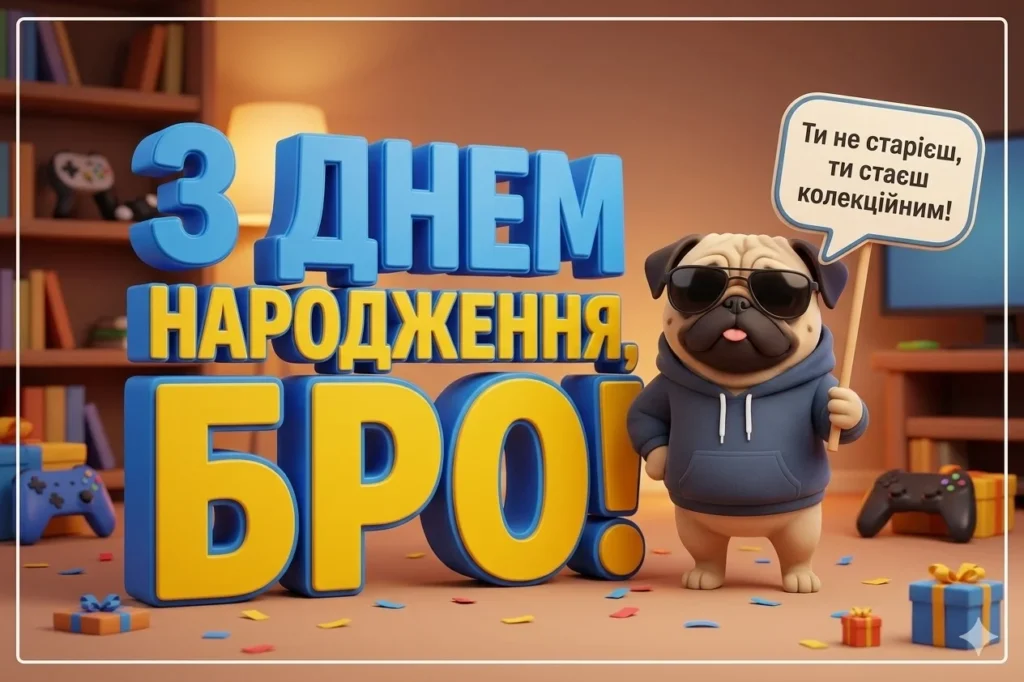 Прикольна листівка з гумором для брата про те, що з віком він стає тільки кращим