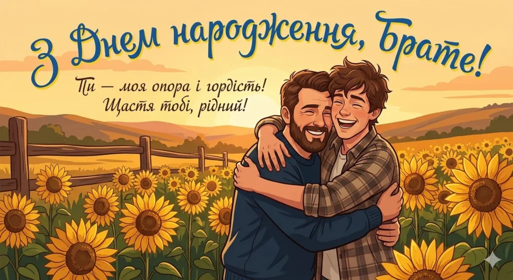 Теплі братерські обійми на тлі поля яскравих соняшників