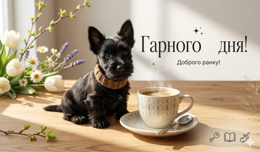 Цуценя скотч-терʼєра біля чашки