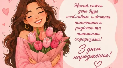 Позитивна листівка з усміхненою дівчиною та тюльпанами для створення піднесеного, сонячного настрою