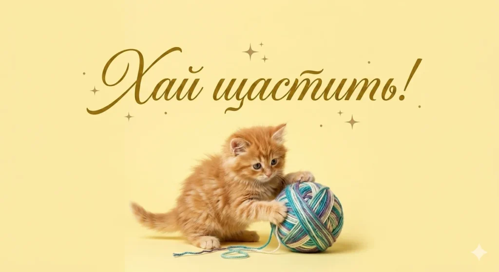 Кошеня з клубочком на жовтому фоні