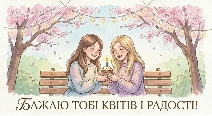 Ніжна листівка у пастельних тонах з дівчатами-подругами на лавці під сакурами, що тримають маленький святковий тортик з свічкою