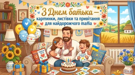 Батько та діти у вишиванках в оточенні подарунків, торт, кульки, квіти, і все це в жовто-блакитній гаммі 